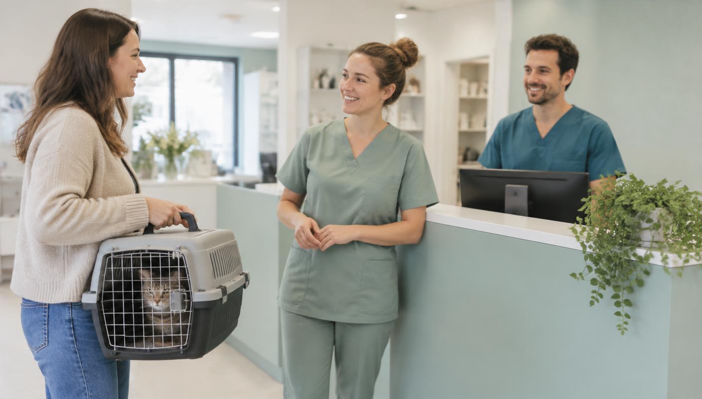 Een eigenaar met haar kat wordt welkom geheten door het team aan de balie van een dierenkliniek