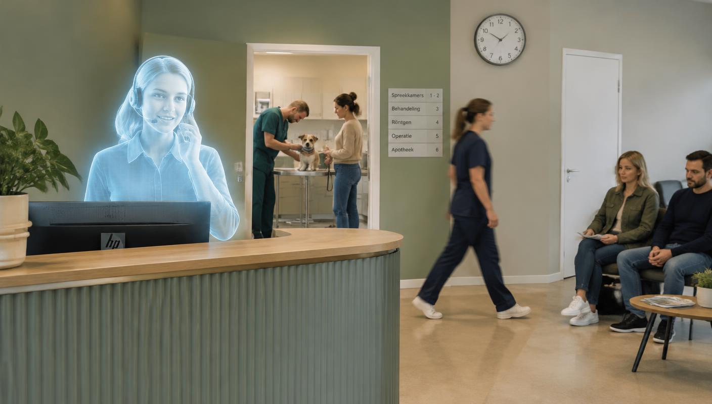 Doorschijnende virtuele receptioniste neemt de telefoon op terwijl het team in de dierenkliniek druk bezig is
